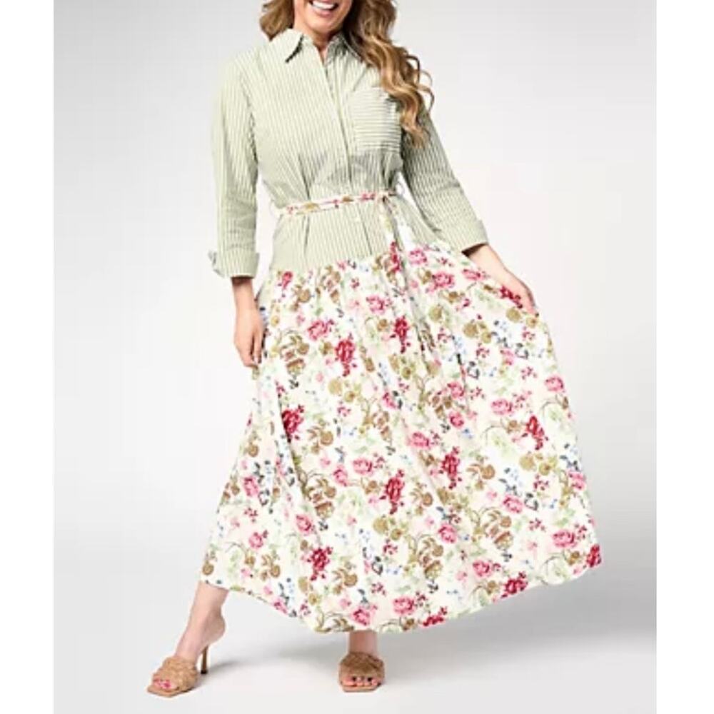 Studio Park Mixed Media Maxi Dress Small Stripe Floral Drop Waist Cottagecore